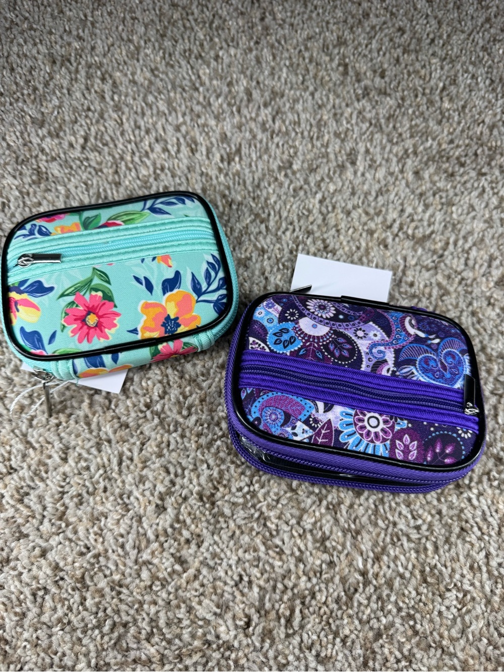 Double-Zip Floral & Paisley Accessory Pouches - Purple and Teal